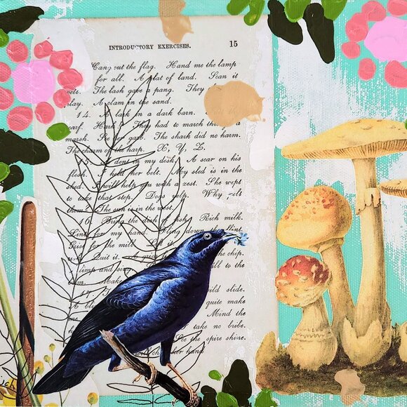 Hand Crafted "Introductory Exercises 2" Original Art on Canvas Bird Floral